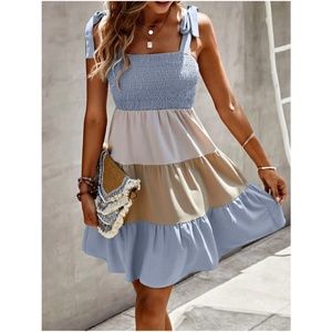 Boho Color Block Shoulder Tie Ruffle Dress